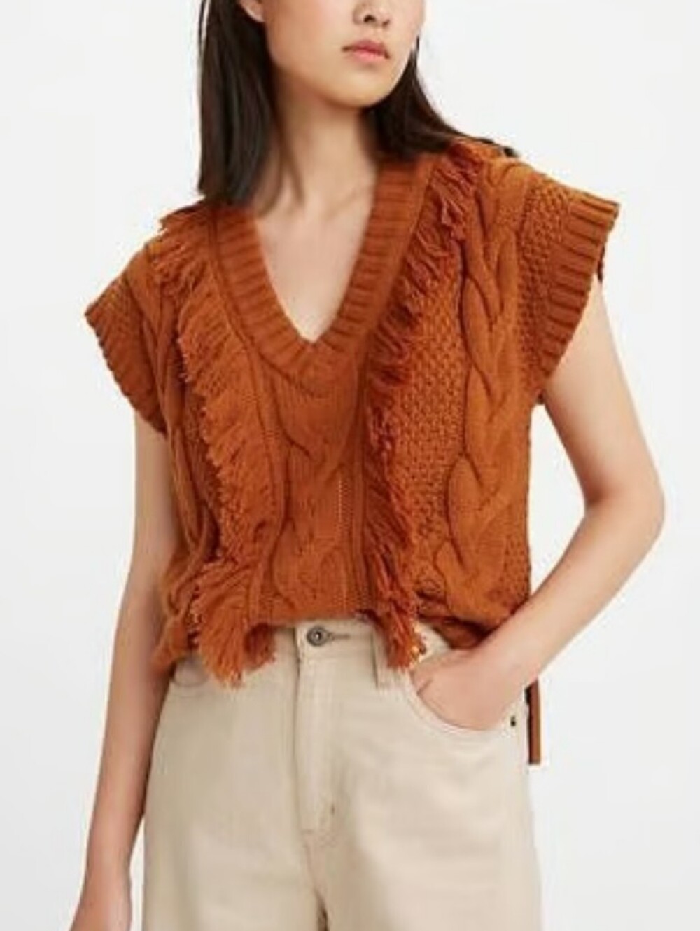 Levi's Made And Crafted Women's Rust Fringe Cable-Knit V-Neck Sweater Vest